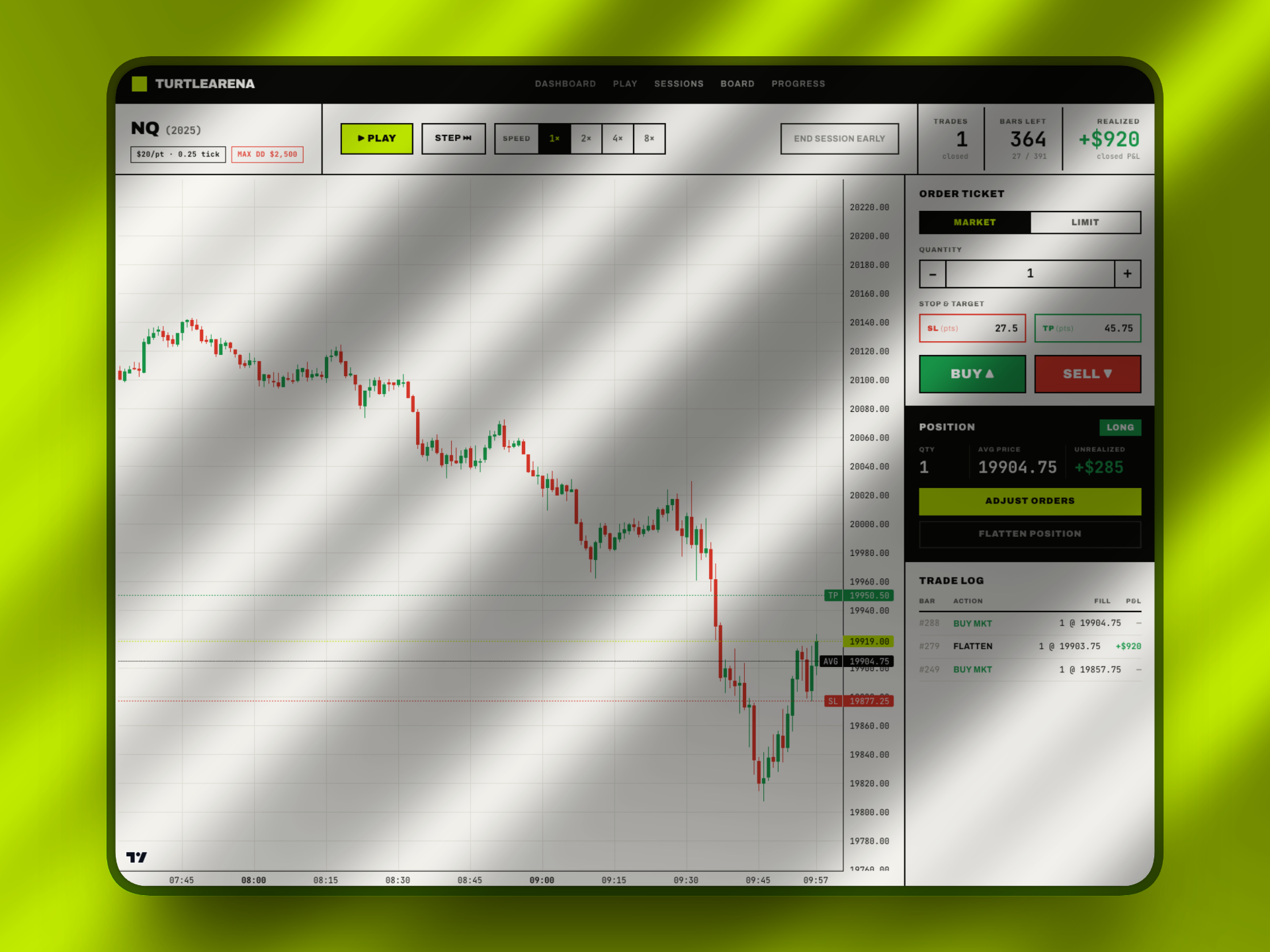 Turtle Arena replay screen: live NQ candlestick chart with order ticket, open position, and trade log